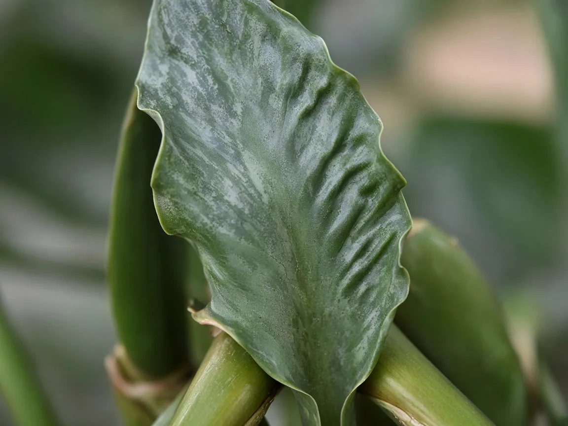 Close-up of distorted leaves on Bird of Paradise - rippled asymmetric new paddle with silver streaks at crown