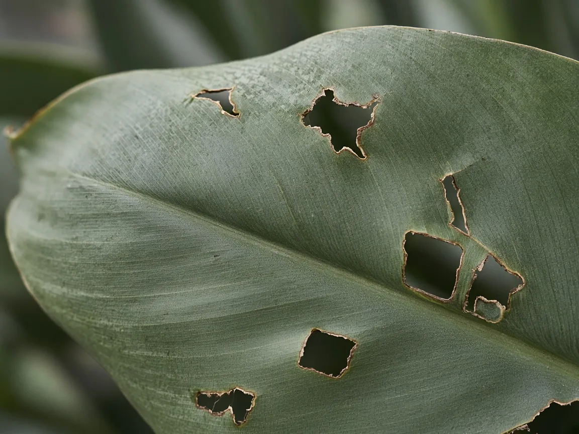 Close-up of holes in leaves on Bird of Paradise - irregular chew through a gray-green paddle leaf