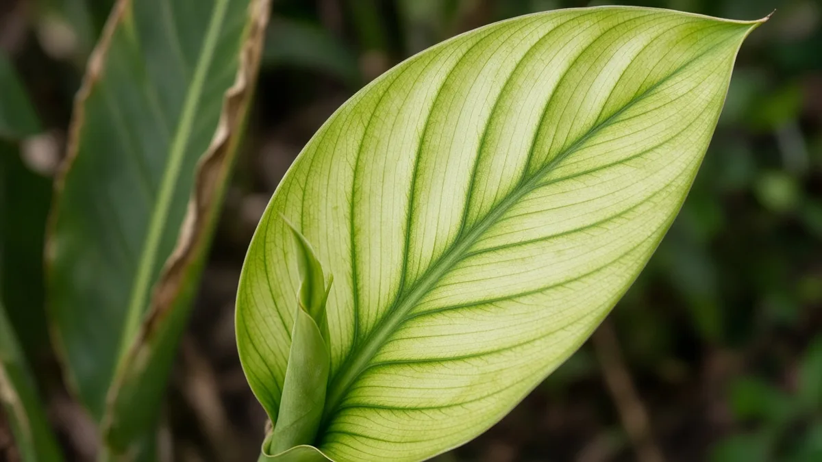 Close-up of interveinal chlorosis on new Bird of Paradise paddle leaf at central crown