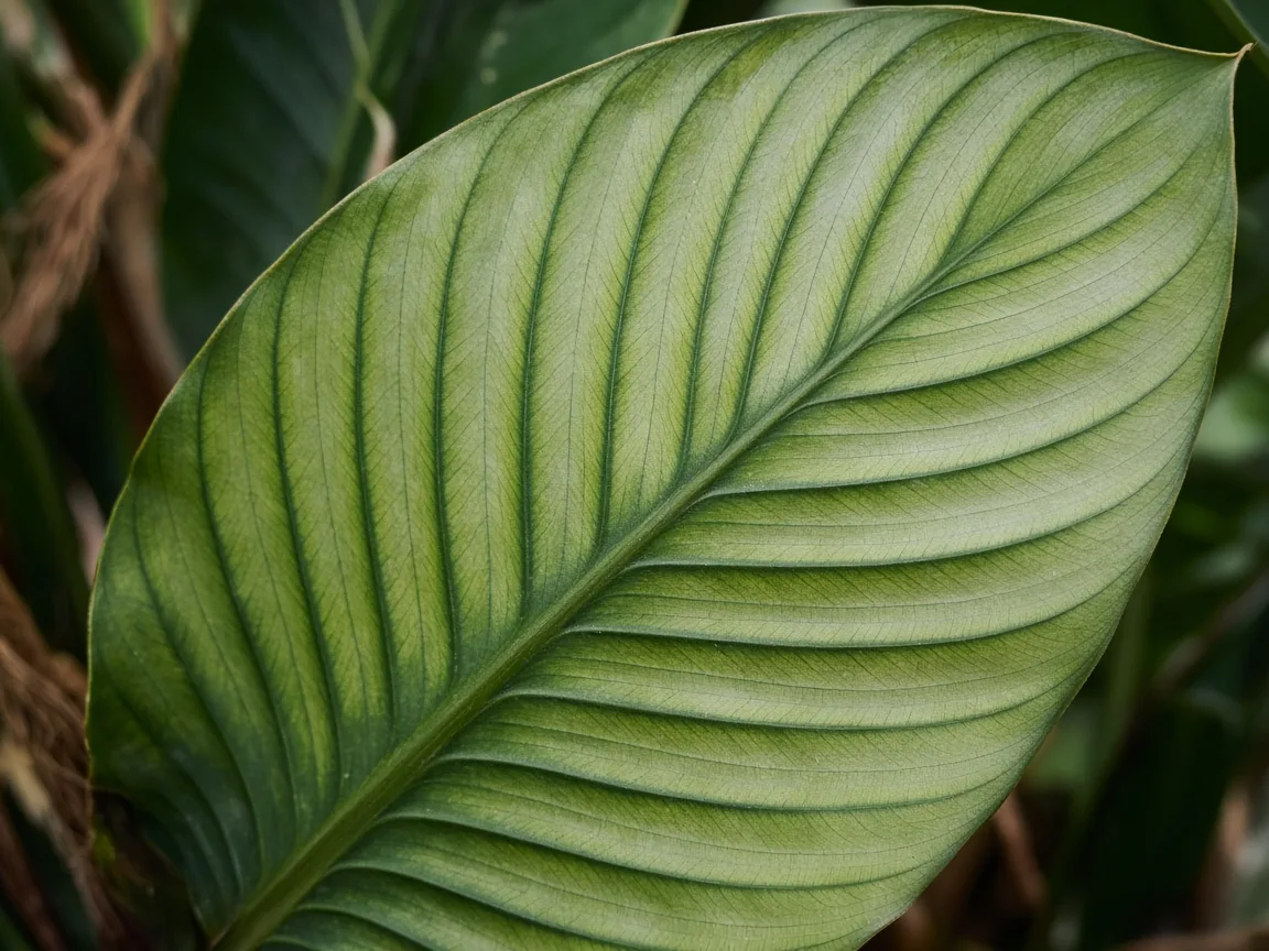 Close-up of magnesium deficiency on Bird of Paradise - interveinal chlorosis on older paddle-shaped leaf