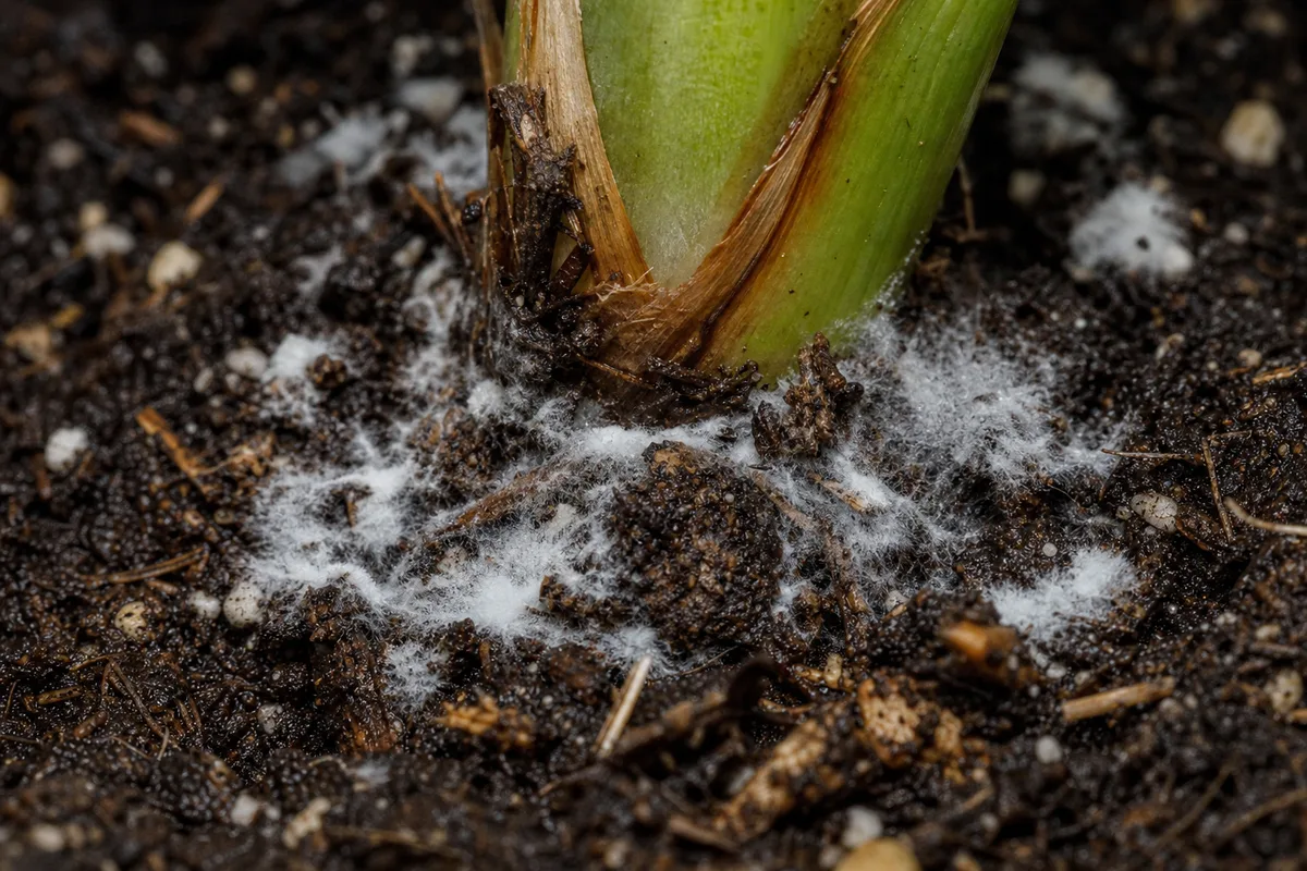 Close-up of Mold on Soil on Bird of Paradise - diagnostic detail