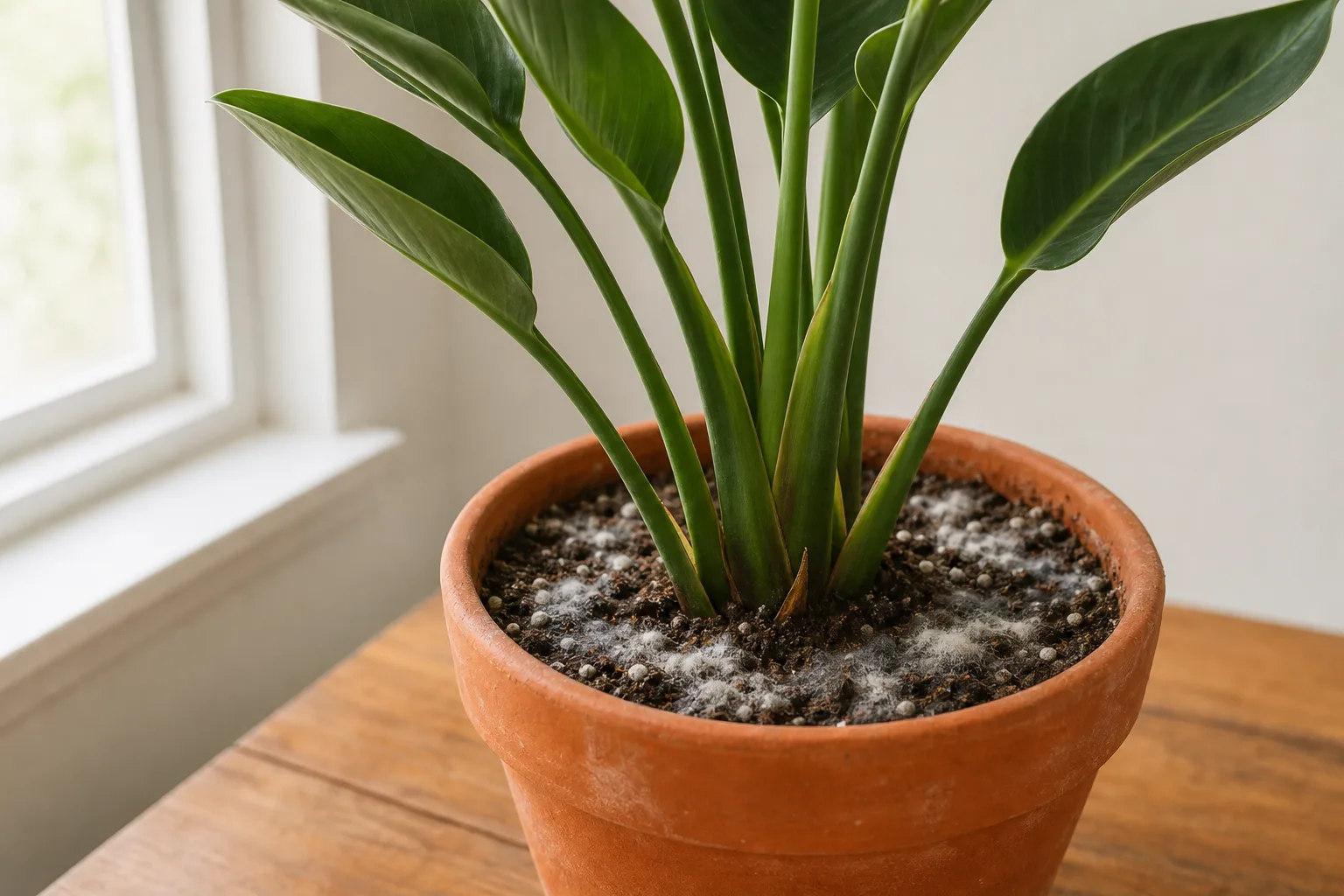 Mold on Soil on Bird of Paradise - visible symptom on the plant