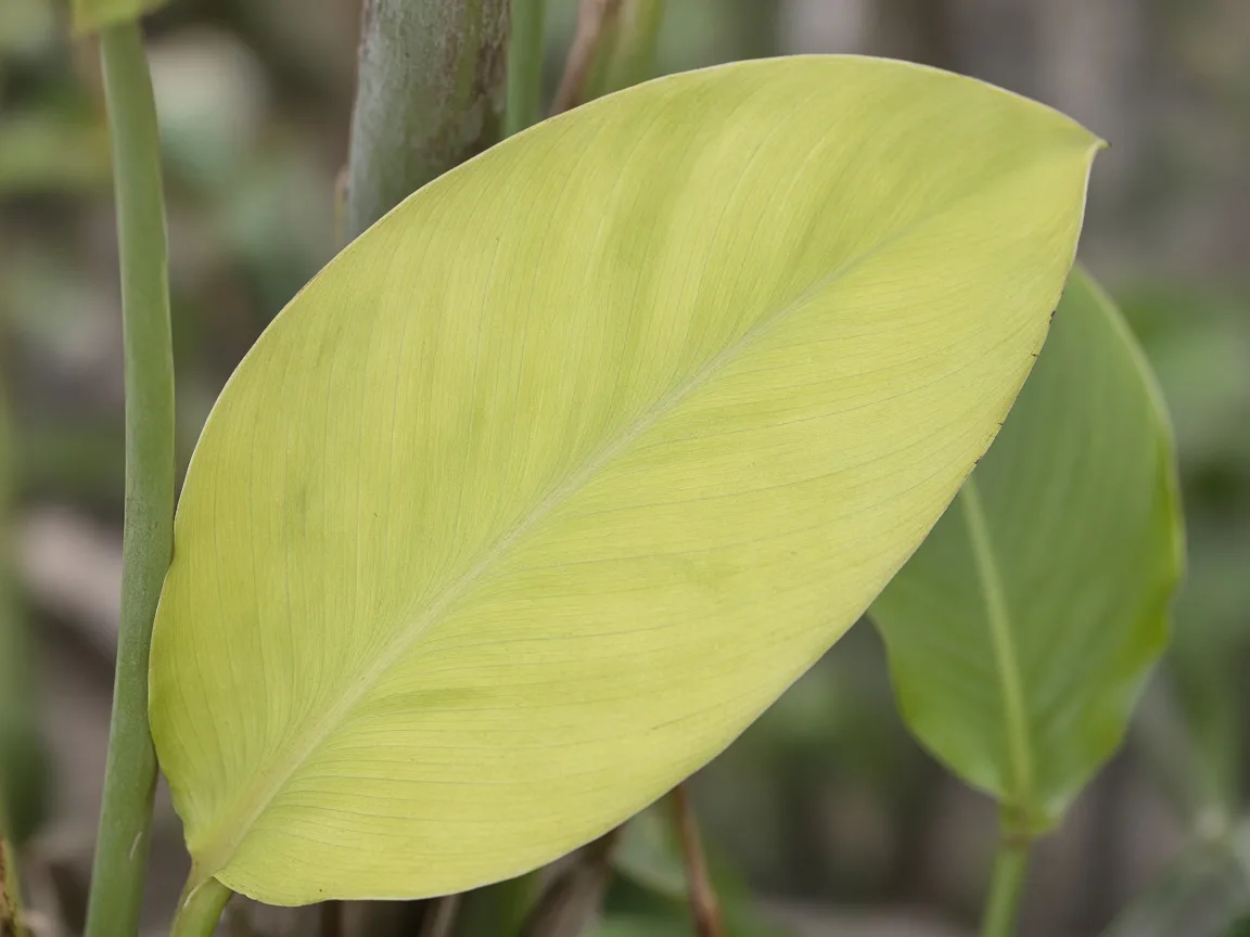 Close-up of nitrogen deficiency on Bird of Paradise - uniform pale yellow-green on oldest large paddle leaf
