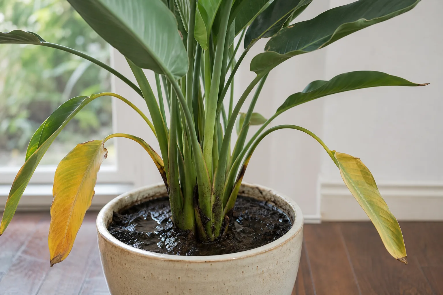 Overwatering on Bird of Paradise - visible symptom on the plant