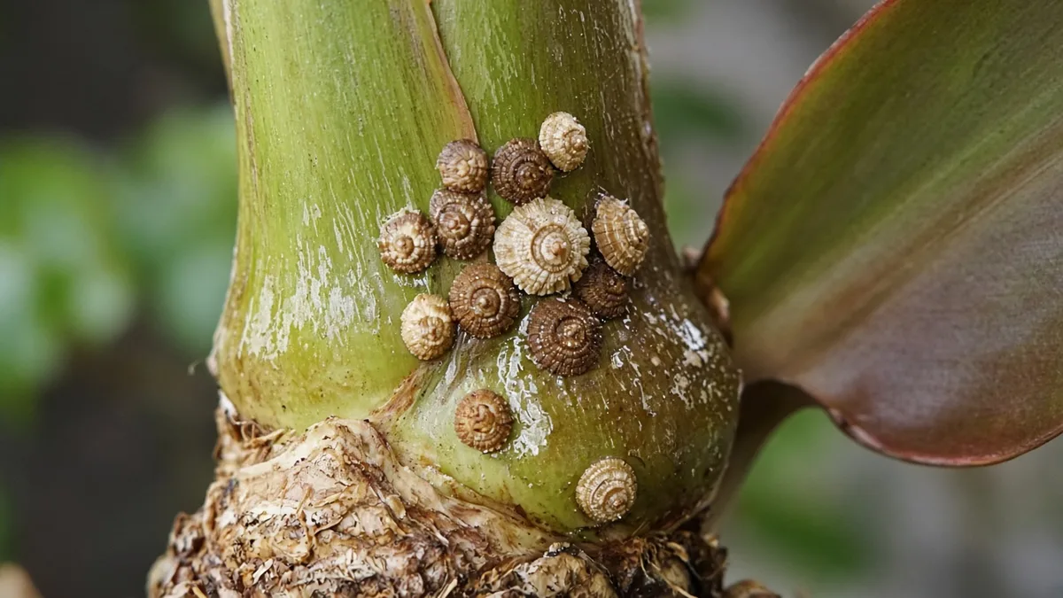 Close-up of scale insect shells on Bird of Paradise petiole sheaths at the rhizome crown