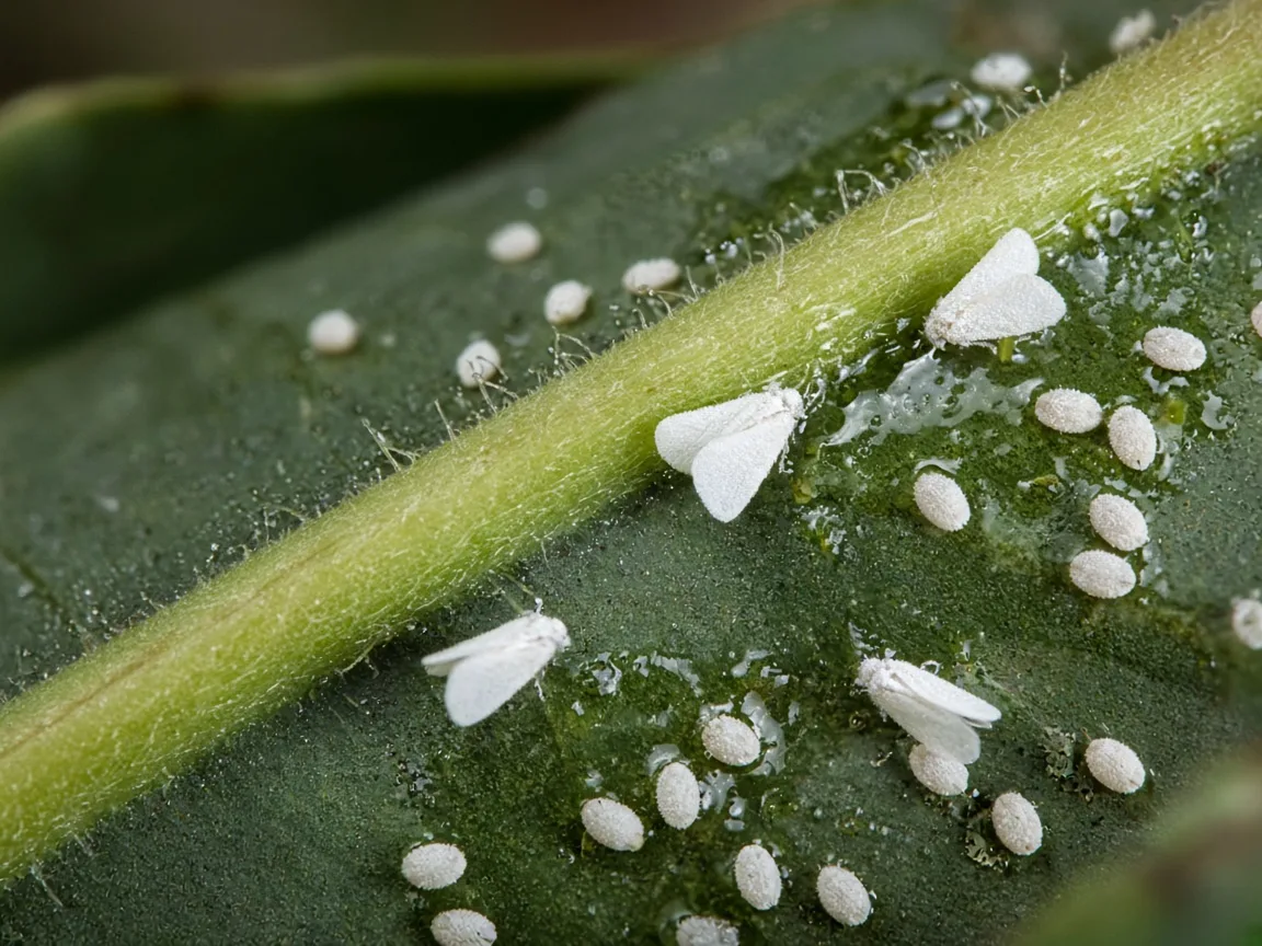 Close-up of whitefly adults and nymph disks on the underside of a Bird of Paradise paddle leaf