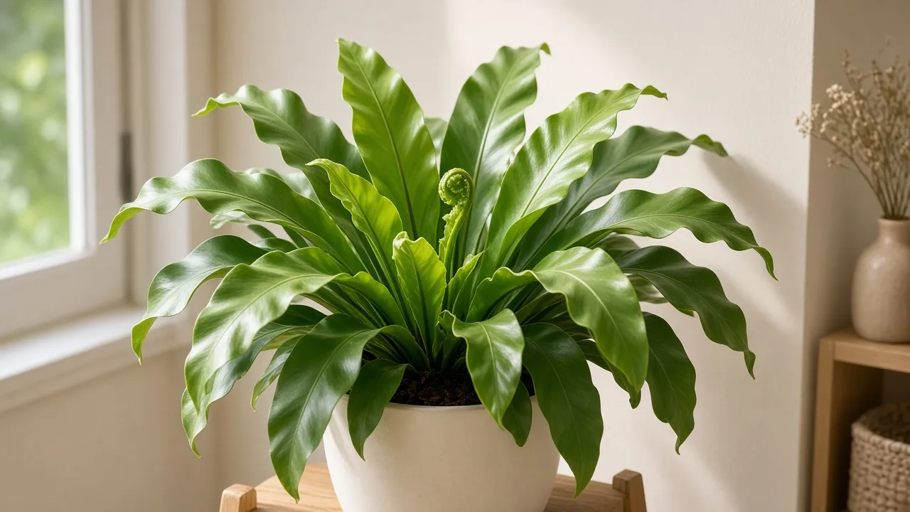 Curling leaves on Bird's Nest Fern - cupped strap fronds on a rosette fern