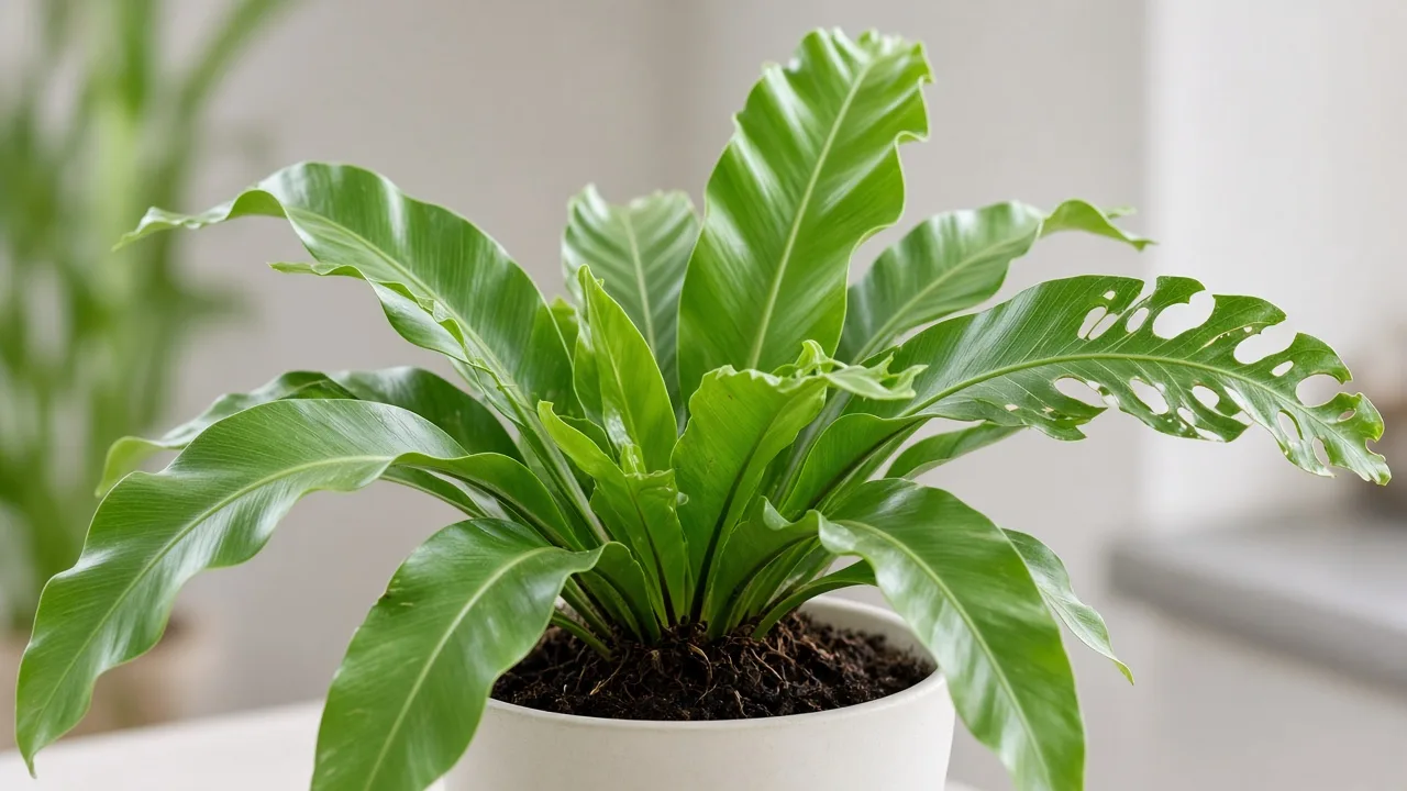 Holes in leaves on Bird's Nest Fern - irregular chew damage on broad wavy Asplenium nidus fronds