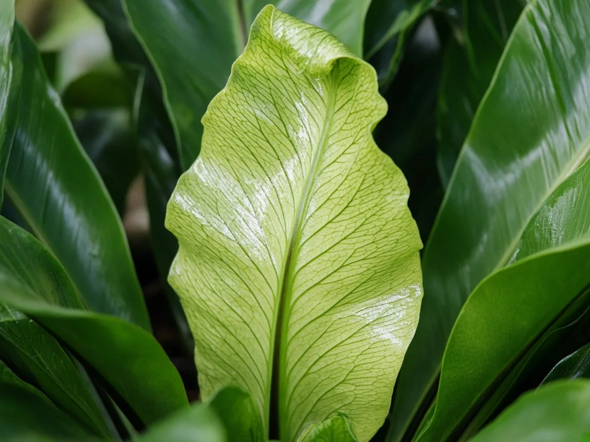 Close-up of interveinal chlorosis on a new Bird's Nest Fern strap frond at the central rosette