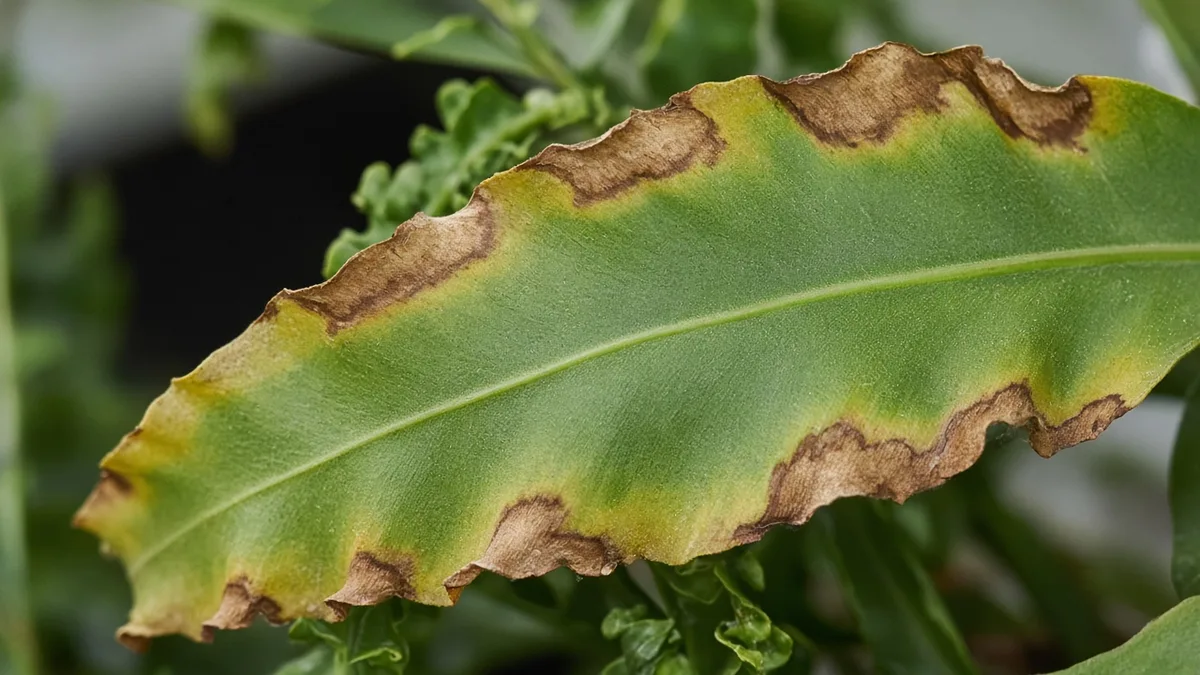 Close-up of potassium deficiency on Bird's Nest Fern - brown scorch along wavy frond margin