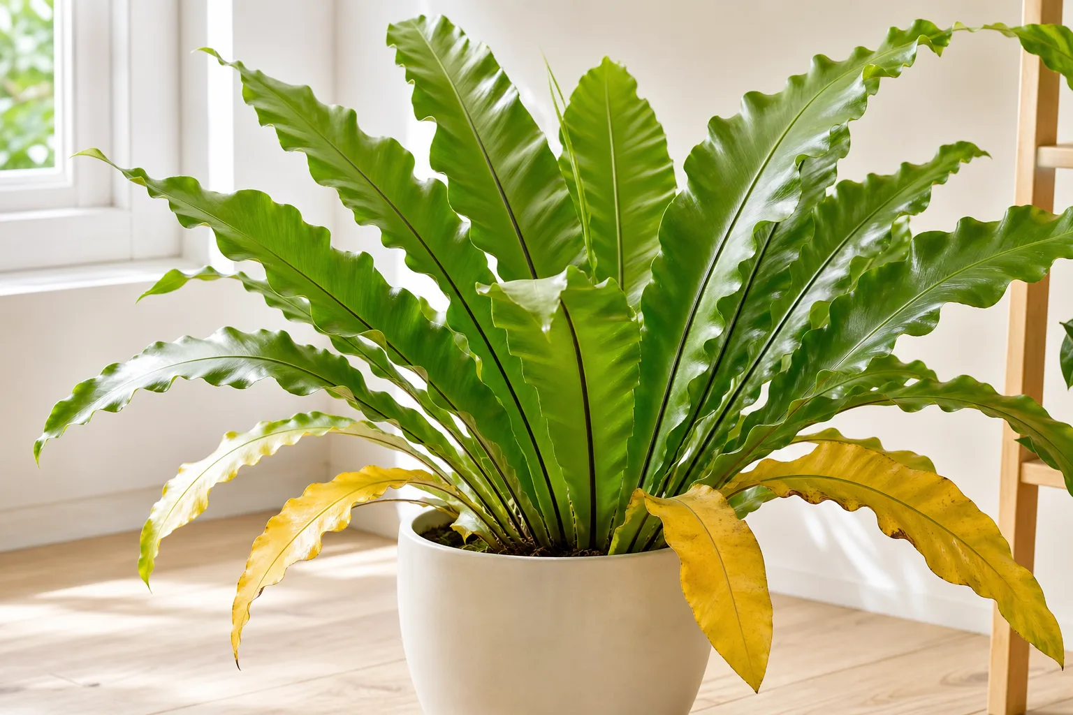 Yellow Leaves on Bird's Nest Fern - visible symptom on the plant
