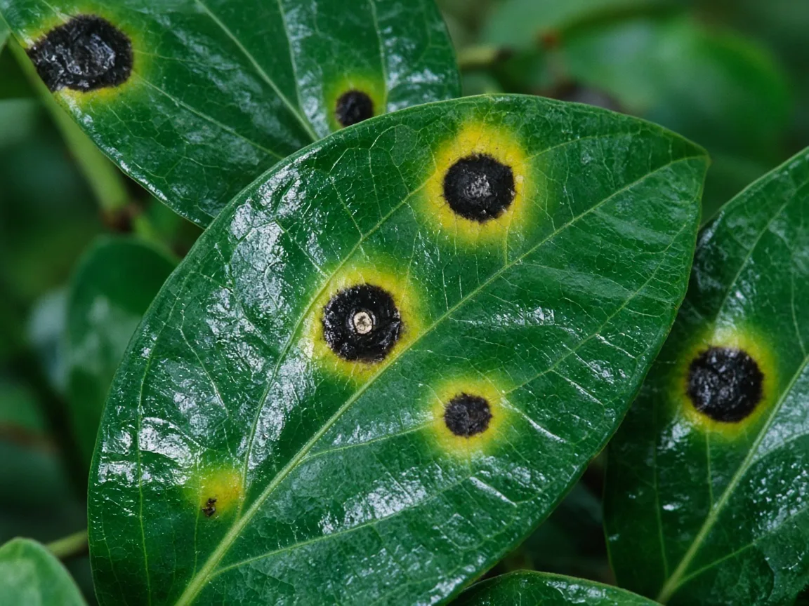 Close-up of black spot lesions on Black Pepper - concentric rings with yellow halos on glossy vine leaves