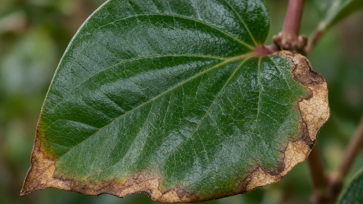 Close-up of brown necrotic margins on Black Pepper cordate leaf