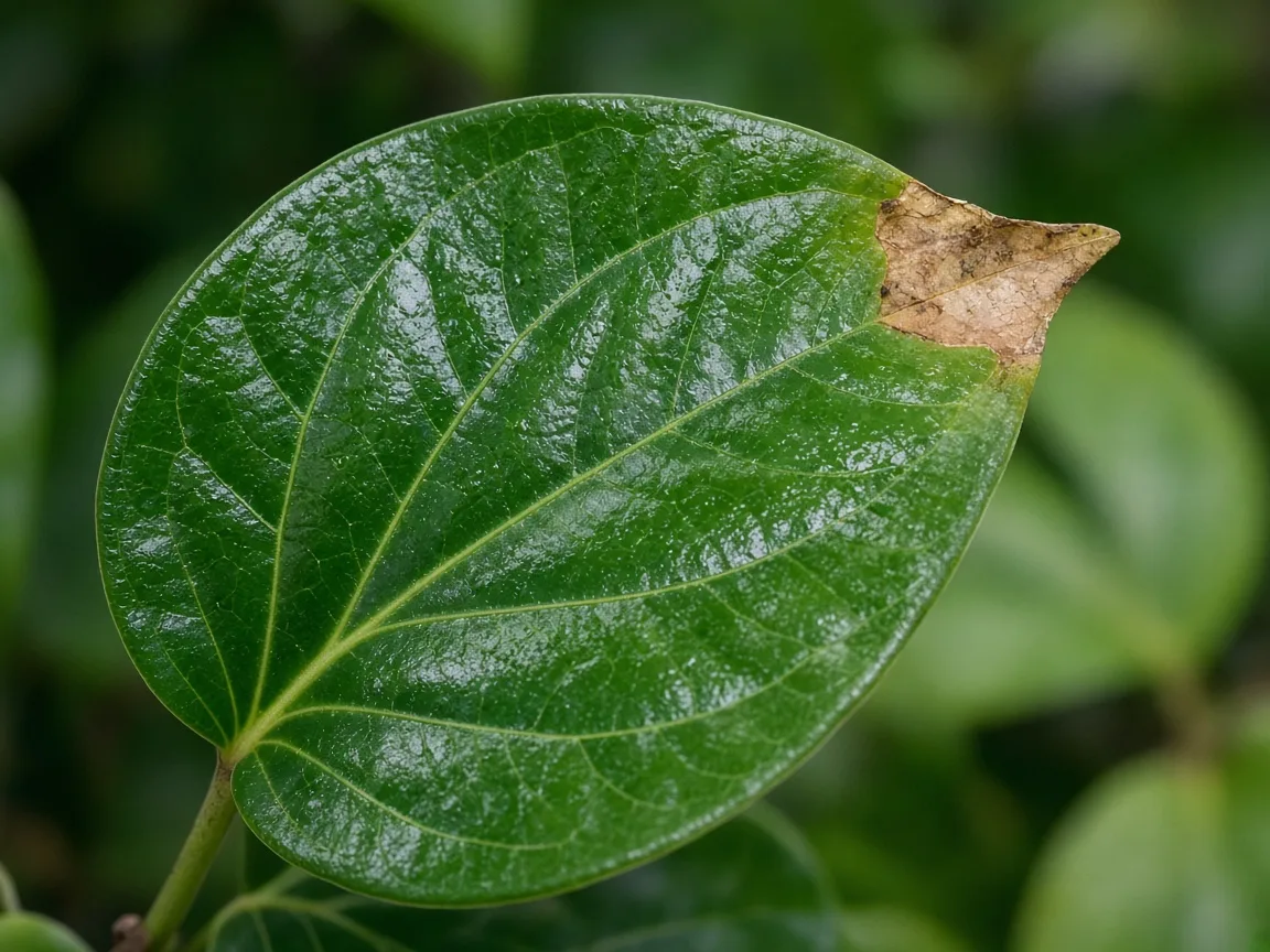 Close-up of brown tips on Black Pepper cordate leaves