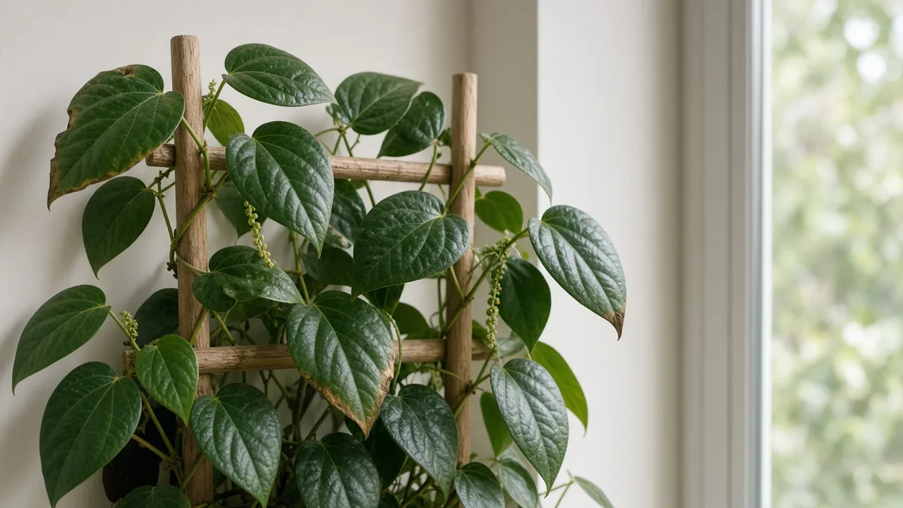 Brown tips on Black Pepper - dry tan margins on glossy cordate pepper vine leaves