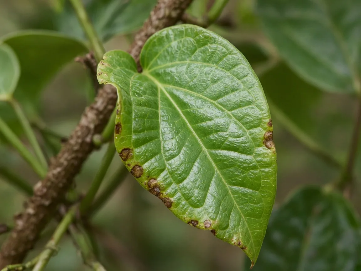 Close-up of calcium deficiency on Black Pepper - cupped new glossy leaf with brown margin at vine tip