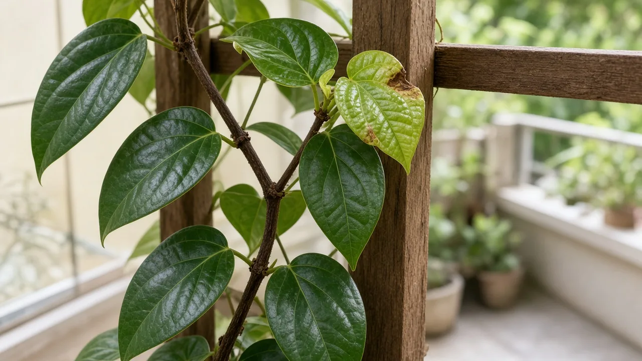 Calcium deficiency on Black Pepper - cupped new glossy leaf at climbing vine tip