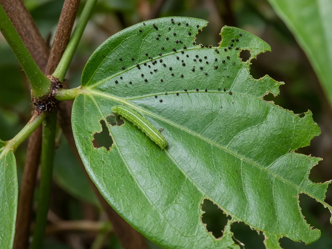 Close-up of caterpillar chew damage on Black Pepper vine leaves