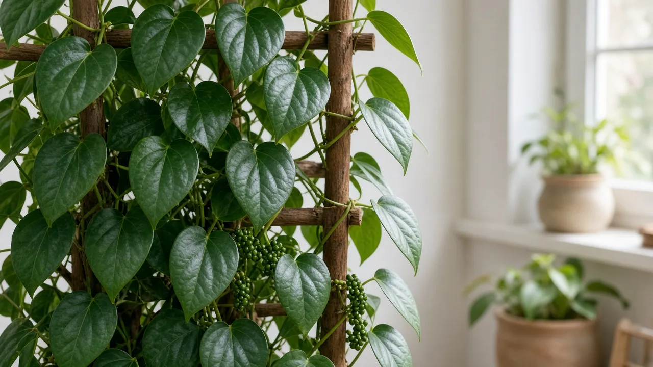 Curling leaves on Black Pepper — cupped glossy cordate foliage on a supported Piper nigrum vine