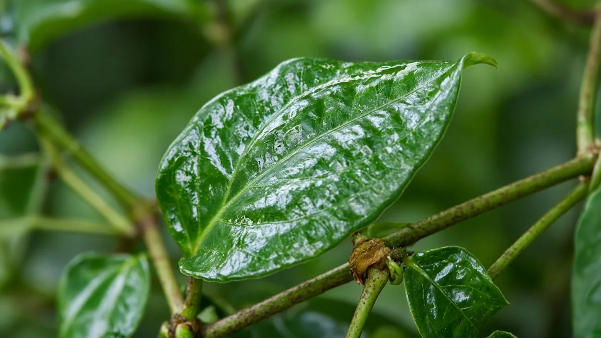Close-up of distorted leaves on Black Pepper - twisted puckered oval leaf with silver streaks at vine tip