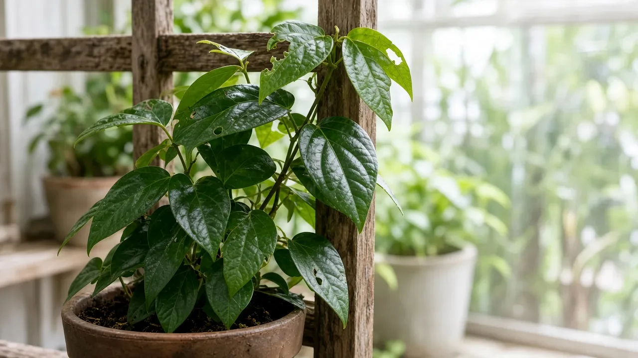 Holes in leaves on Black Pepper - irregular chew damage on glossy Piper nigrum vine foliage climbing a support