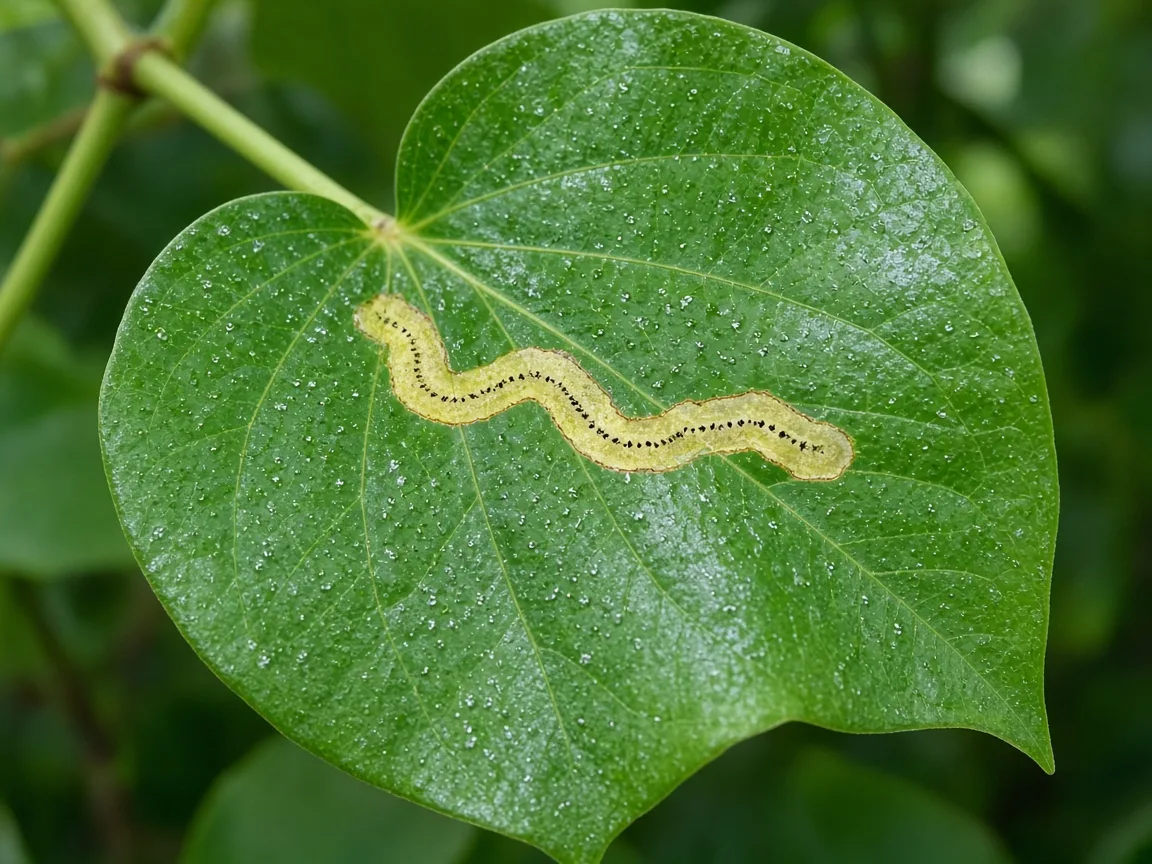Close-up of leaf miner serpentine tunnel inside a glossy Black Pepper vine leaf