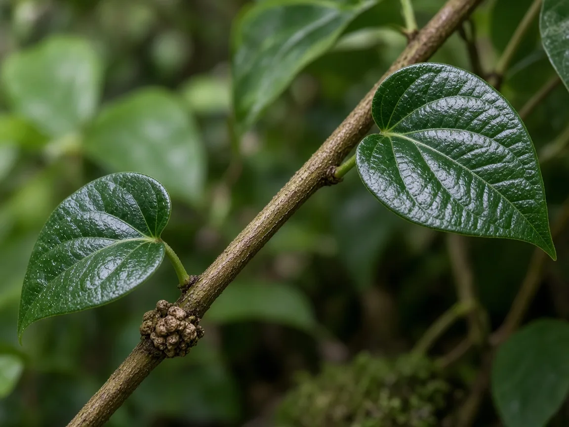 Close-up of long internode gap between small ovate Black Pepper leaves on a woody vine stem