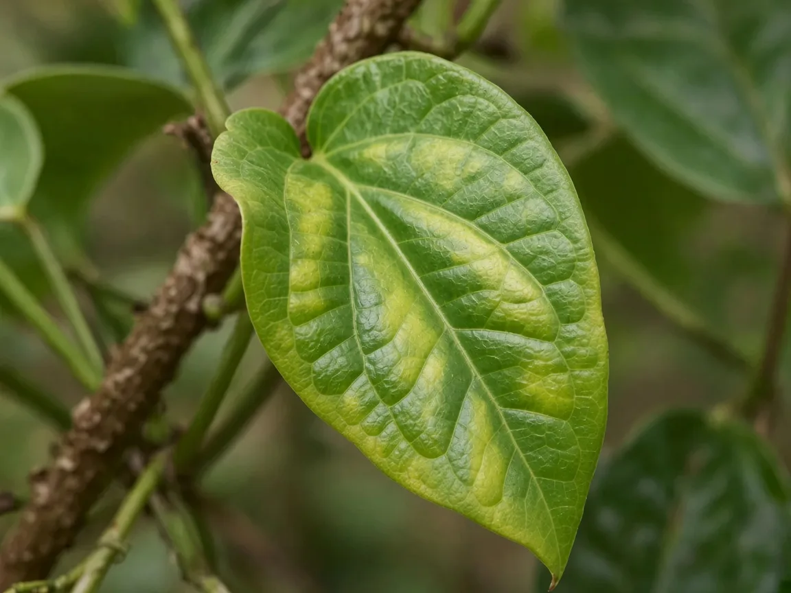 Close-up of magnesium deficiency on Black Pepper - interveinal chlorosis on older cordate leaf