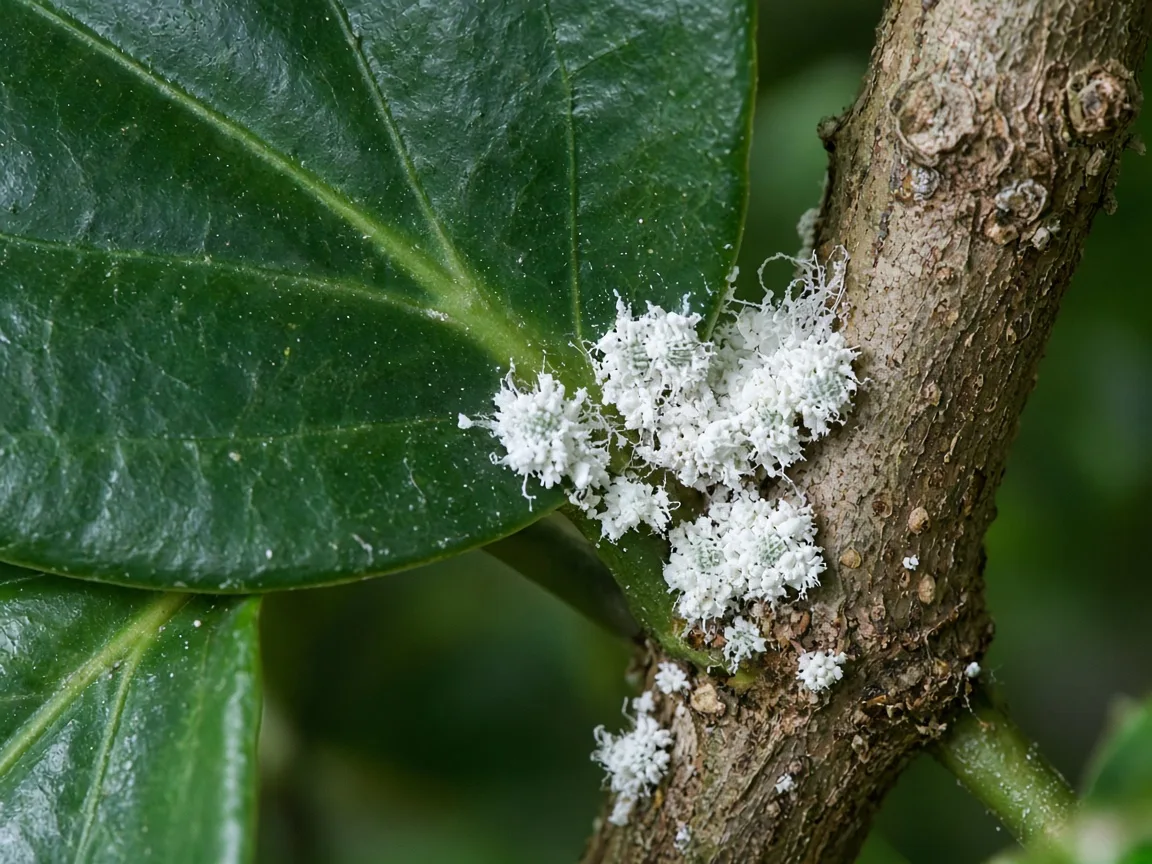 Close-up of mealybugs on Black Pepper - white cottony clusters in a leaf axil along the woody vine