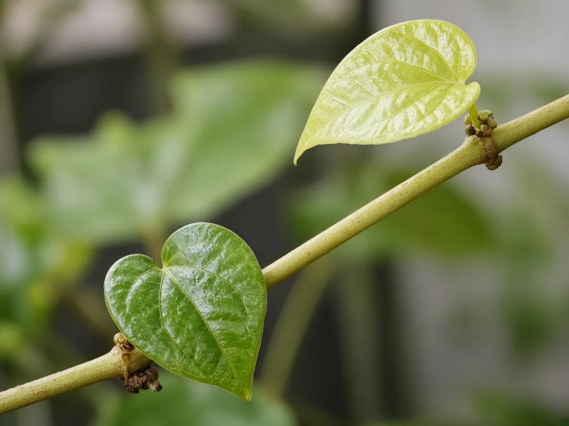 Close-up of not enough light on Black Pepper — elongated internode and small pale cordate leaf on a woody Piper nigrum stem