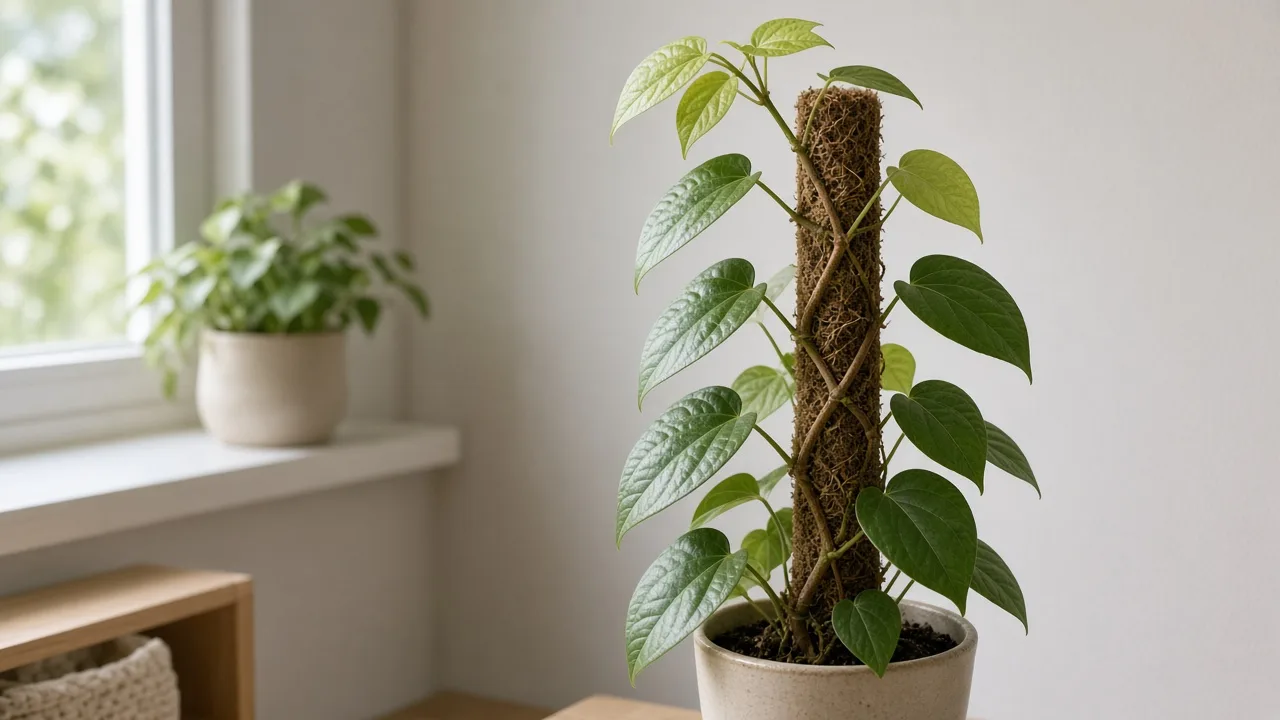 Not enough light on Black Pepper — pale stretched Piper nigrum vine with long internodes leaning toward a dim window
