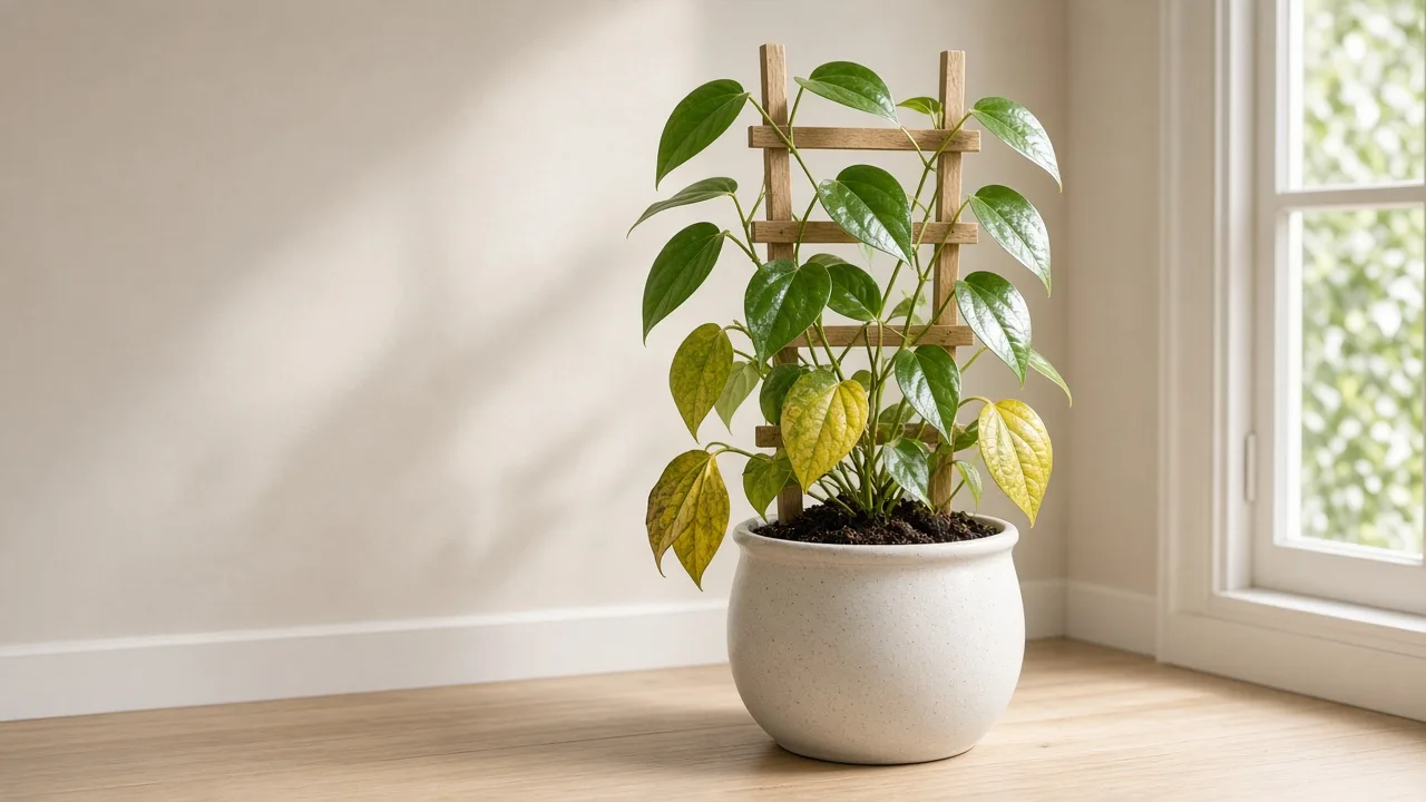 Overwatering on Black Pepper - glossy pepper vine with yellowing lower oval leaves in a heavy wet pot under filtered shade