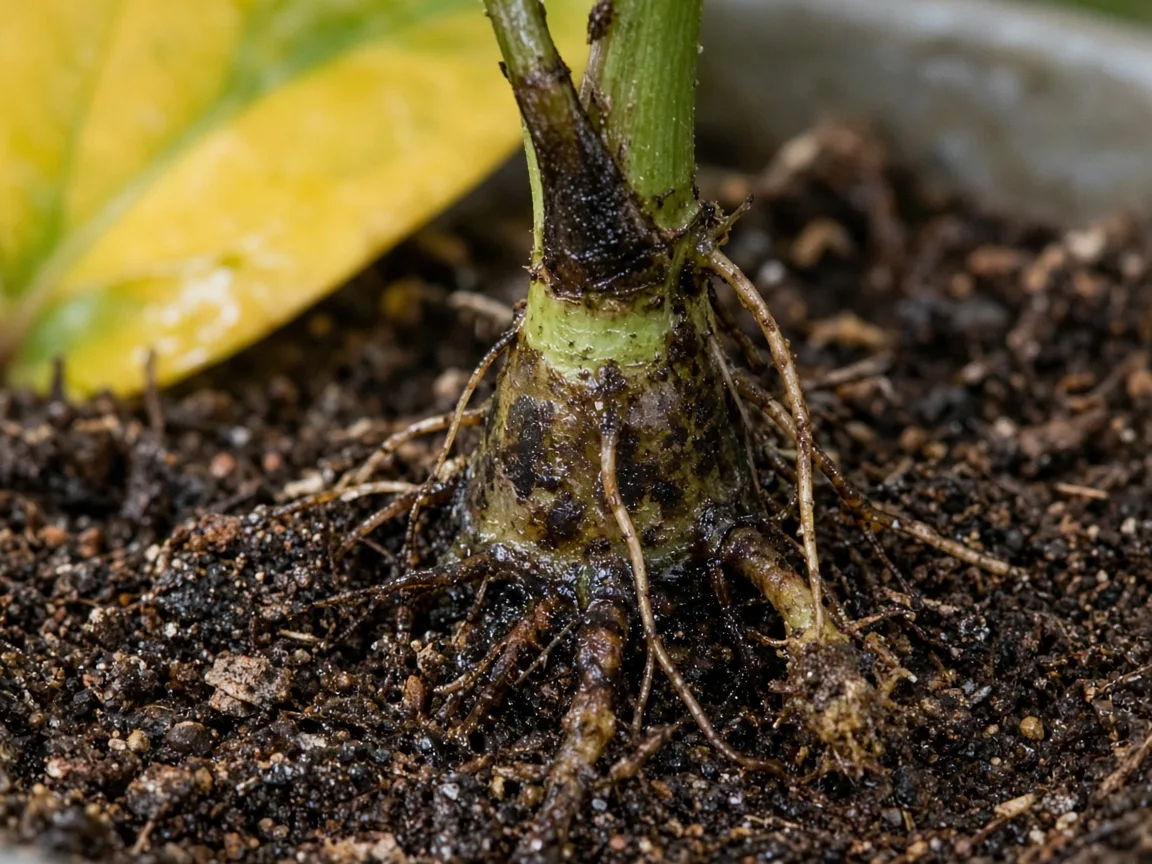 Close-up of soft dark foot tissue at soil line on Black Pepper vine