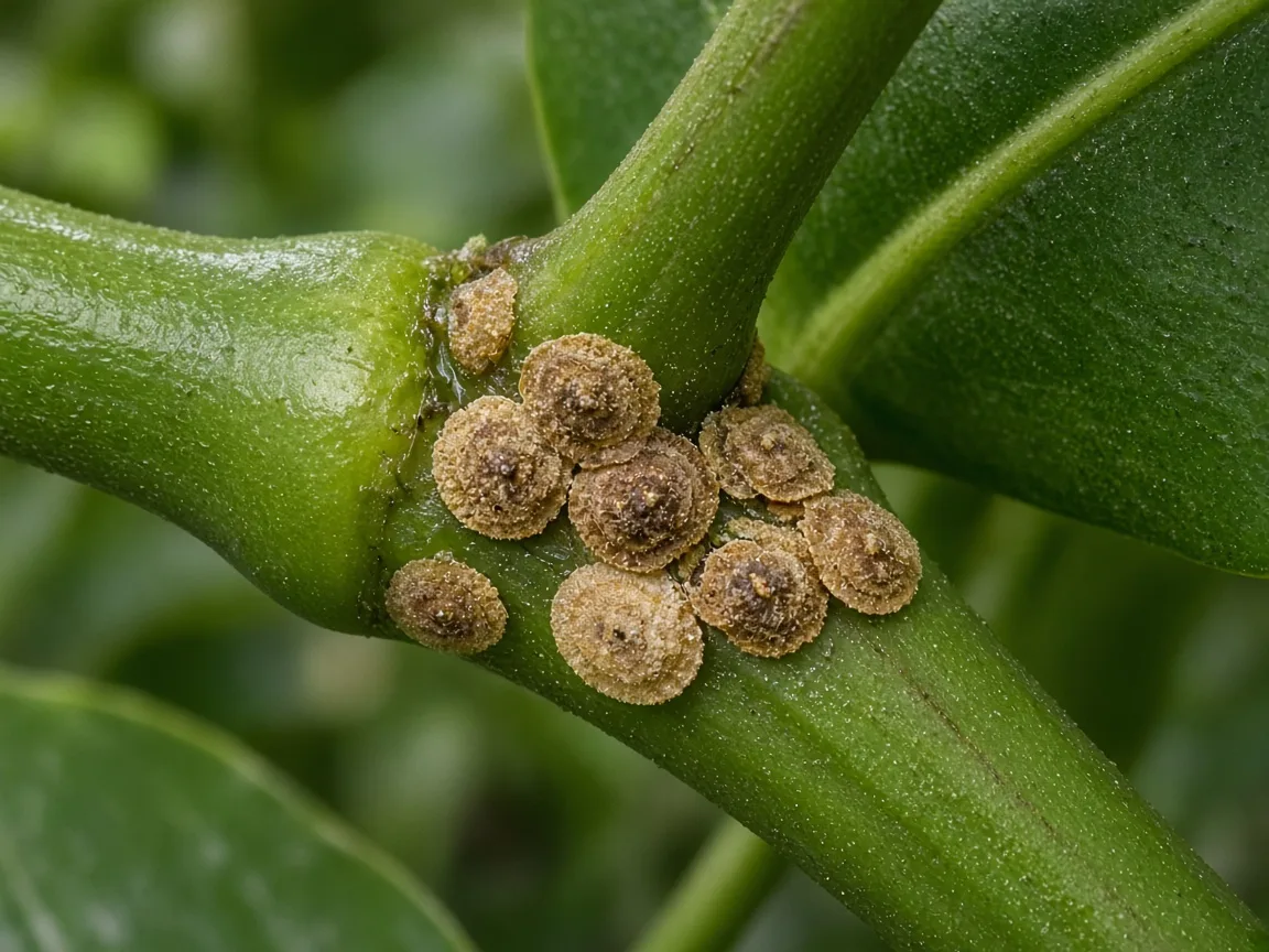 Close-up of scale insect shells on Black Pepper vine nodes and leaf axils