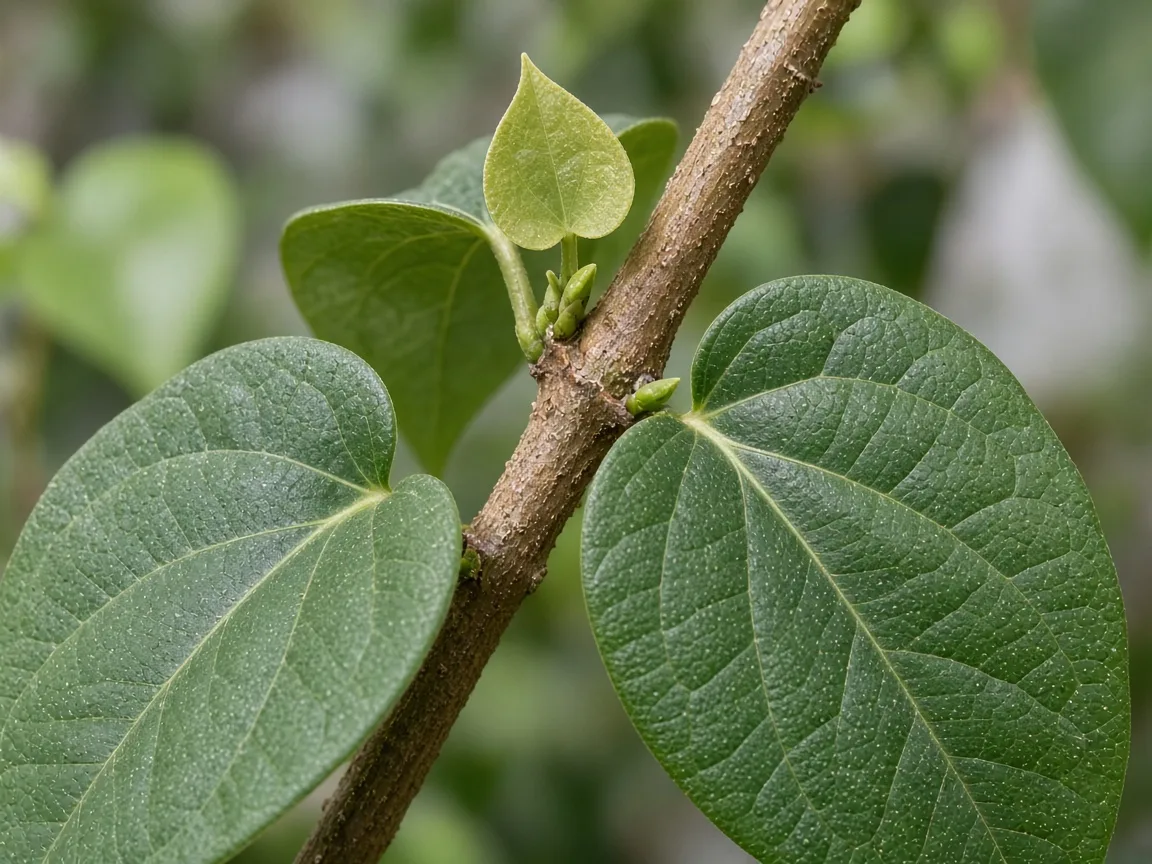 Close-up of black pepper vine stem with very short internodes and a small stalled tip leaf