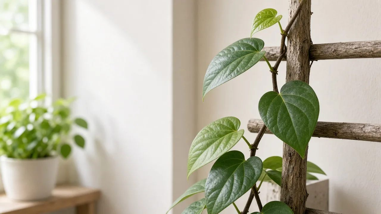 Slow growth on Black Pepper — supported pepper vine with short internodes and a small tip leaf and no fresh extension