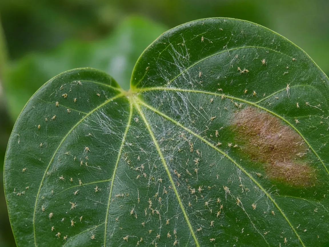 Close-up of spider mites on Black Pepper - stippling and fine webbing on a thick glossy leaf underside