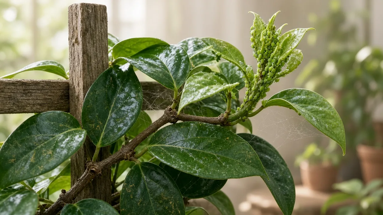 Spider mites on Black Pepper - stippled glossy leathery leaves on a climbing pepper vine