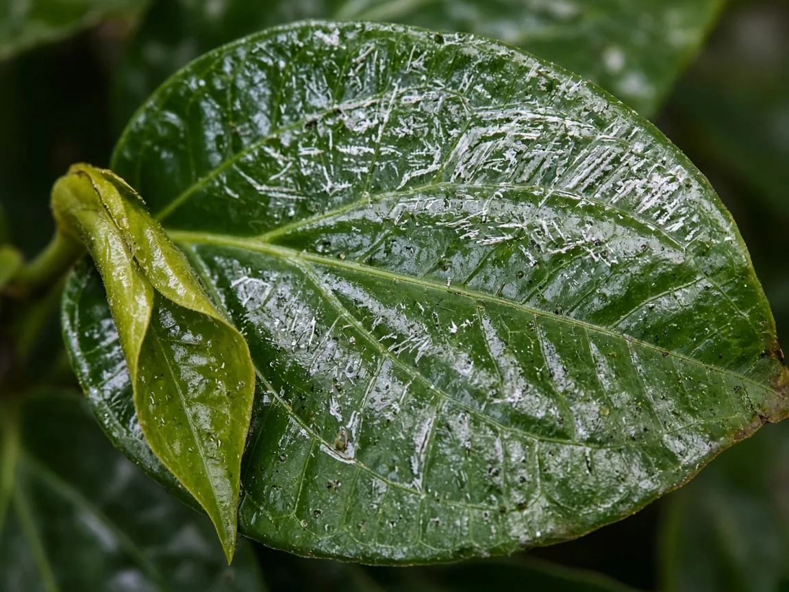 Close-up of thrips damage on Black Pepper - silvery streaks and black frass specks on a glossy young leathery leaf