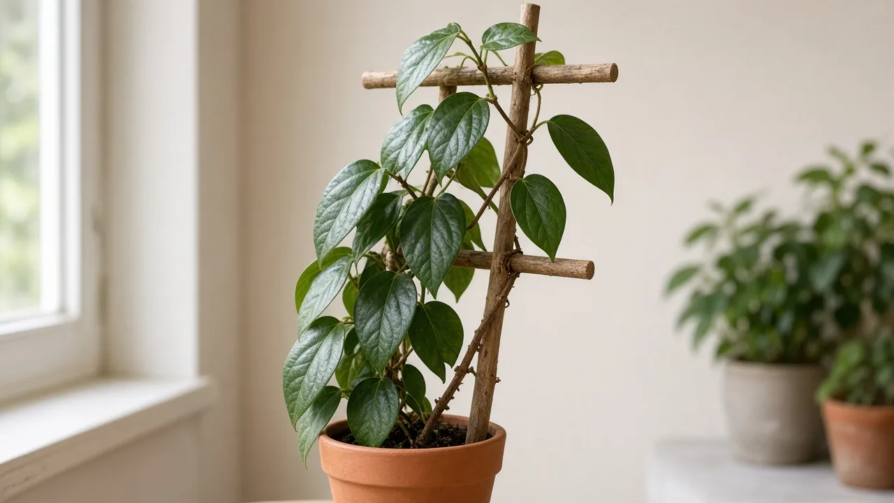 Wilting on Black Pepper - supported pepper vine with limp oval leaves collapsing along the stem