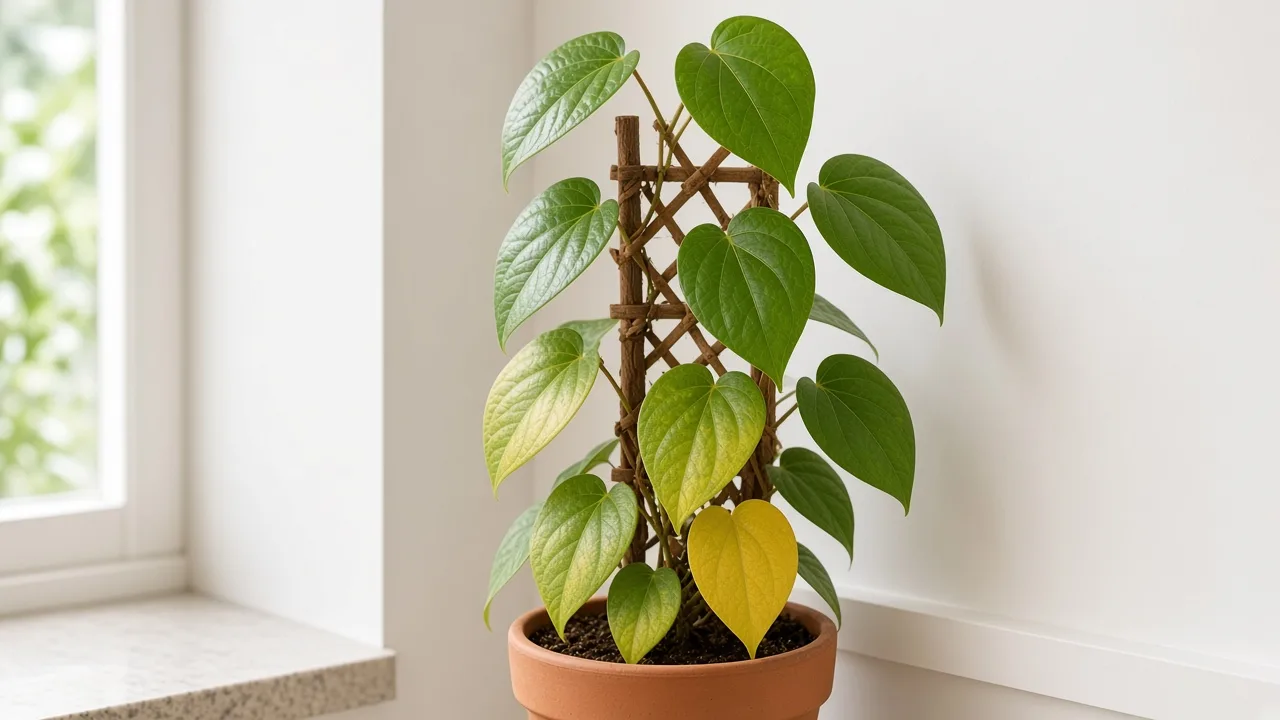 Yellow leaves on Black Pepper - pepper vine with yellowing lower cordate foliage on a trellis in filtered light