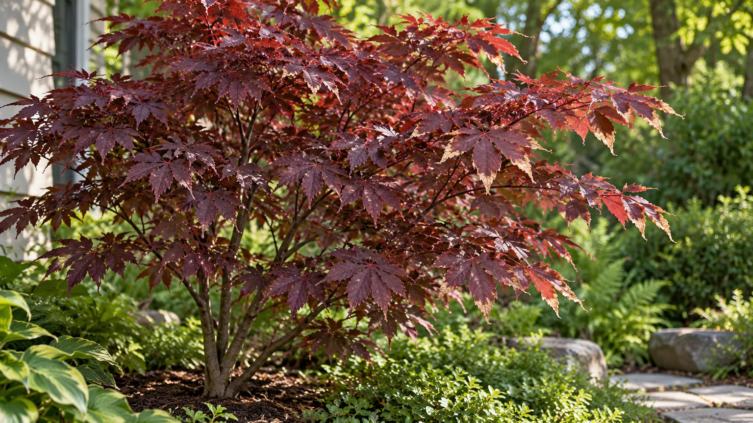 Brown margins from leaf scorch on a burgundy Japanese maple in a garden