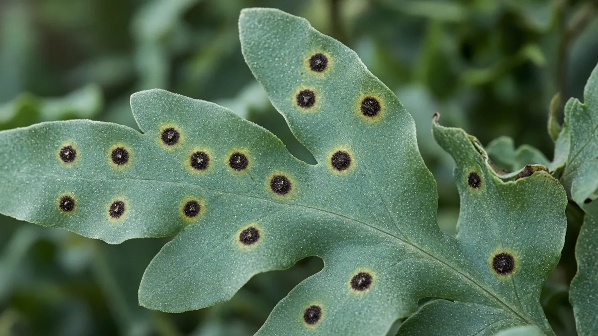 Close-up of black spots on Blue Star Fern lobed fronds showing dark lesions with yellow halos