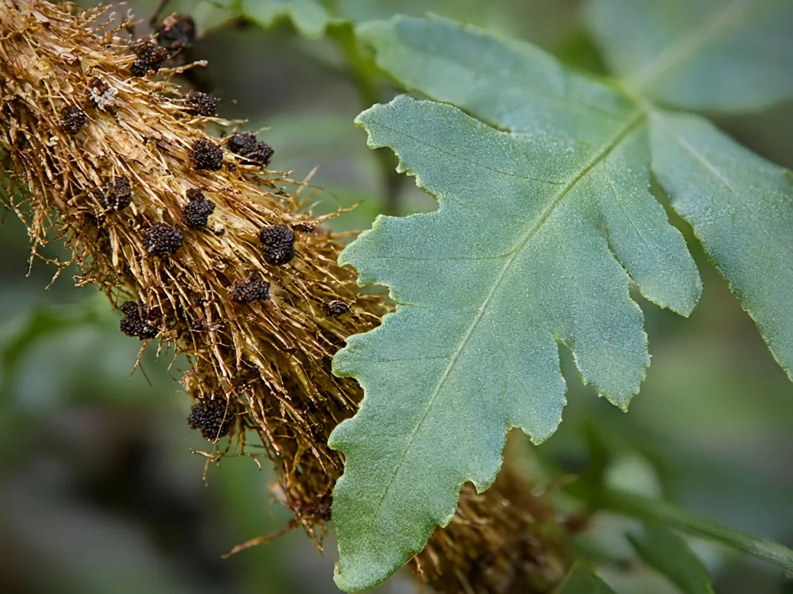 Close-up of caterpillar chew damage on Blue Star Fern lobed fronds