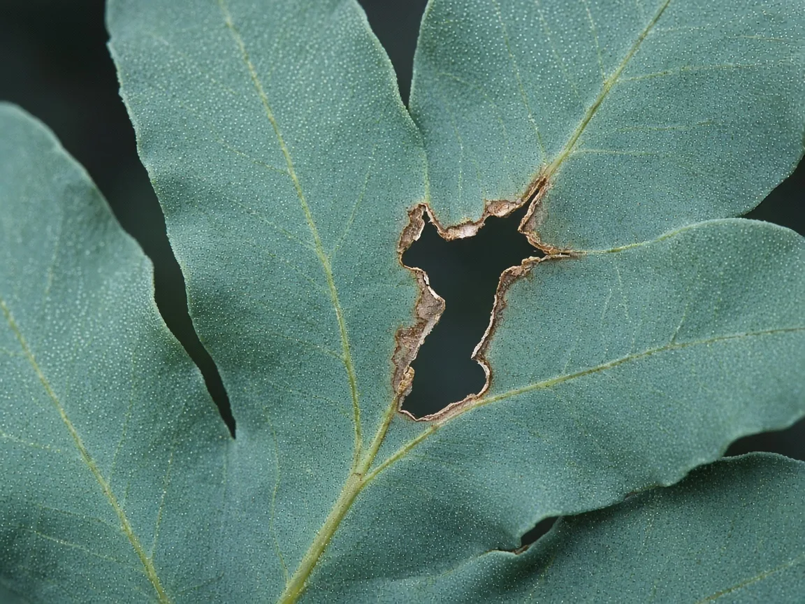 Close-up of holes in leaves on Blue Star Fern - irregular chew through a blue-green lobed frond