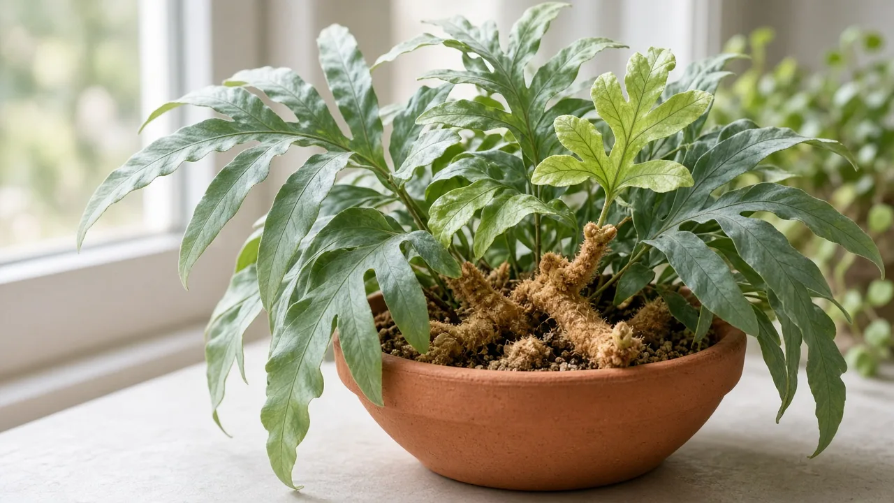 Iron deficiency on Blue Star Fern - pale new lobed fronds with green veins at a rhizome tip