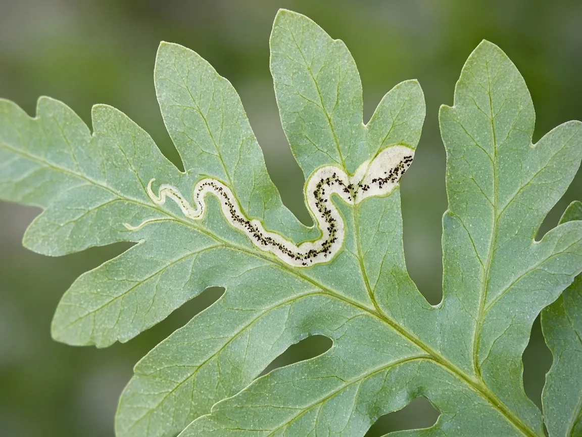 Close-up of leaf miner serpentine tunnel inside a lobed Blue Star Fern frond