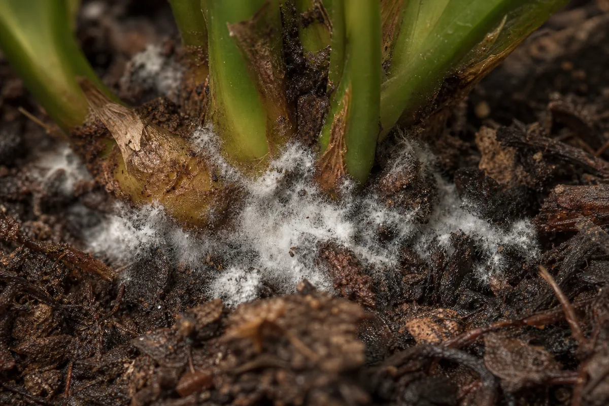 Close-up of Mold on Soil on Blue Star Fern - diagnostic detail