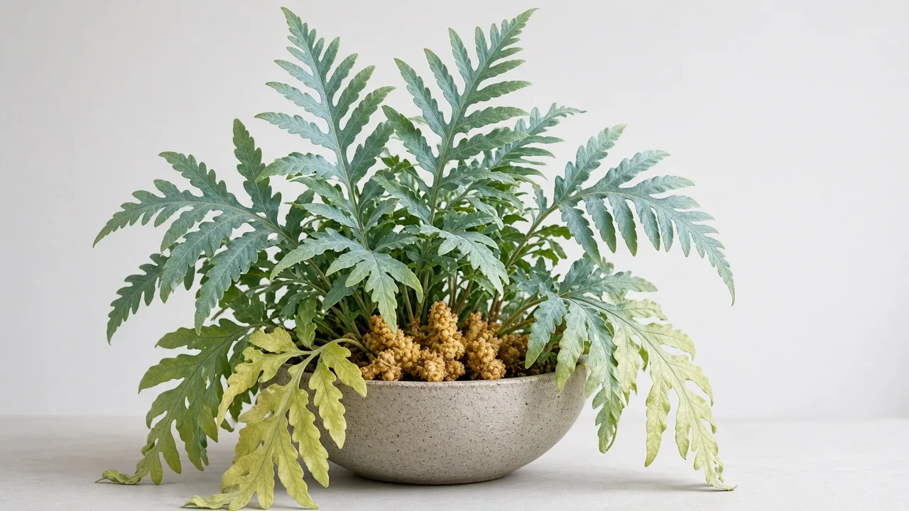 Nitrogen deficiency on Blue Star Fern - oldest lower lobed fronds uniformly pale yellow-green above golden rhizomes