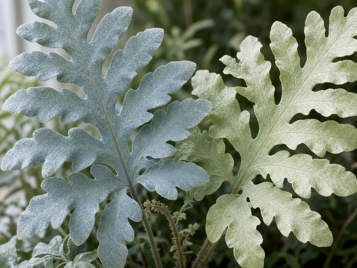 Close-up of pale leaves on Blue Star Fern - faded lobed frond beside healthier blue-gray tissue